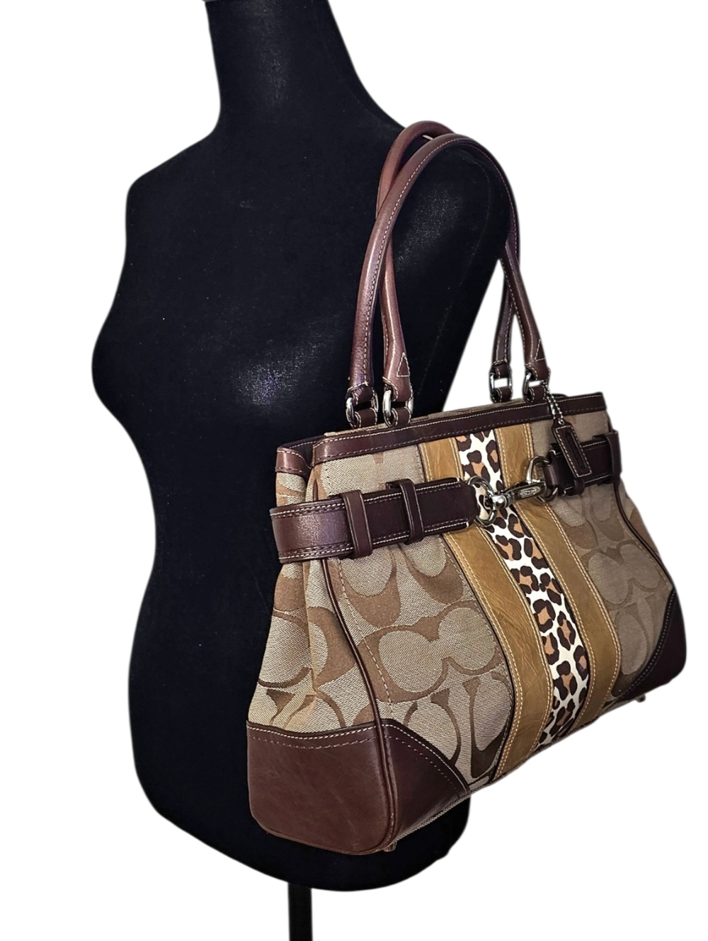 Coach Hamptons Signature Stripe Leopard Satchel | Brown Canvas Leather Horsebit - Picture 5 of 10